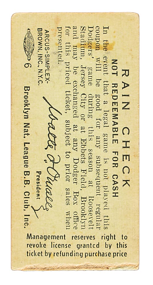 July 31, 1956 Brooklyn Dodgers (vs. Milwaukee Braves) Ticket Stub - Game Played In Jersey City and Jackie Robinson Walk-Off