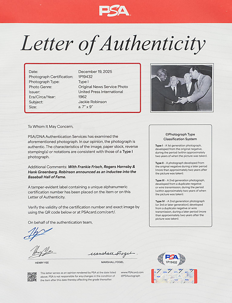 1962 Jackie Robinson, Rogers Hornsby, Hank Greenberg, and Frankie Frisch Original United Press International Photograph PSA/DNA Type I - Robinson Announced as Hall of Fame Inductee!