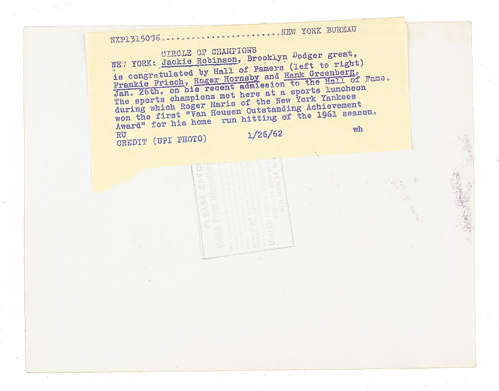 1962 Jackie Robinson, Rogers Hornsby, Hank Greenberg, and Frankie Frisch Original United Press International Photograph PSA/DNA Type I - Robinson Announced as Hall of Fame Inductee!