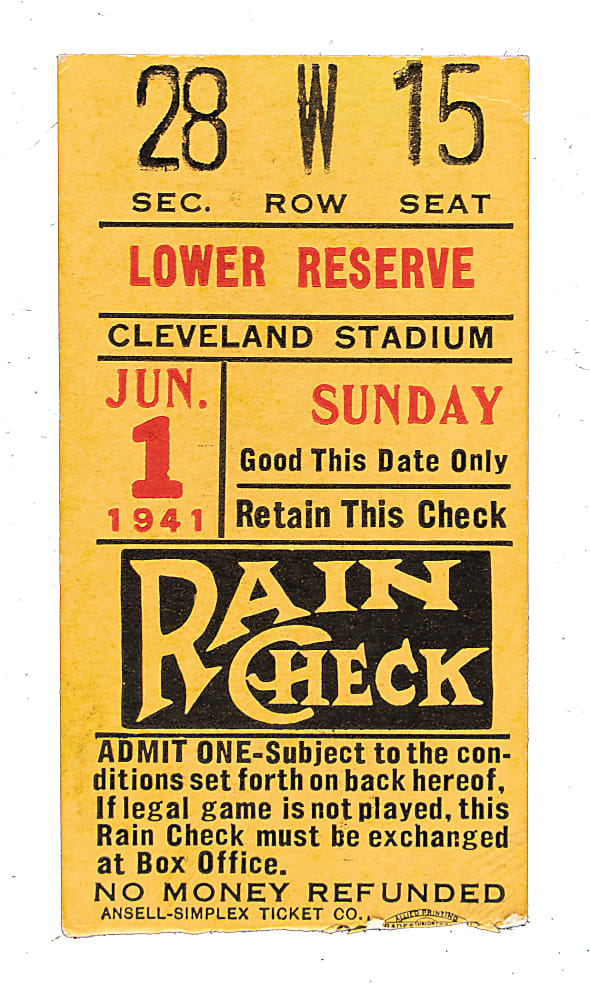 June 1, 1941 Cleveland Indians (vs. New York Yankees) Ticket Stub - Joe DiMaggio 17th and 18th Consecutive Game Hit Streak