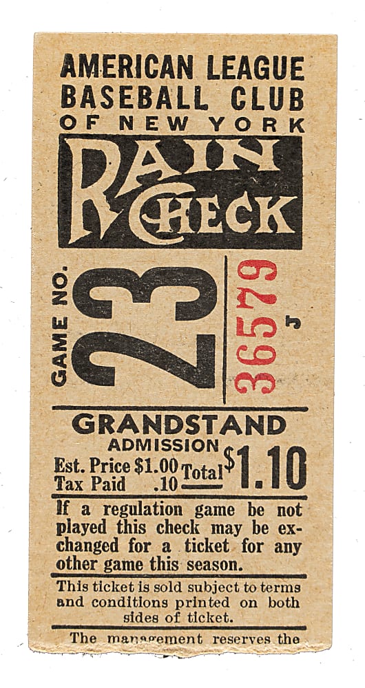 June 15, 1941 New York Yankees (vs. Cleveland Indians) Ticket Stub - Joe DiMaggio 28th Consecutive Game Hit Streak
