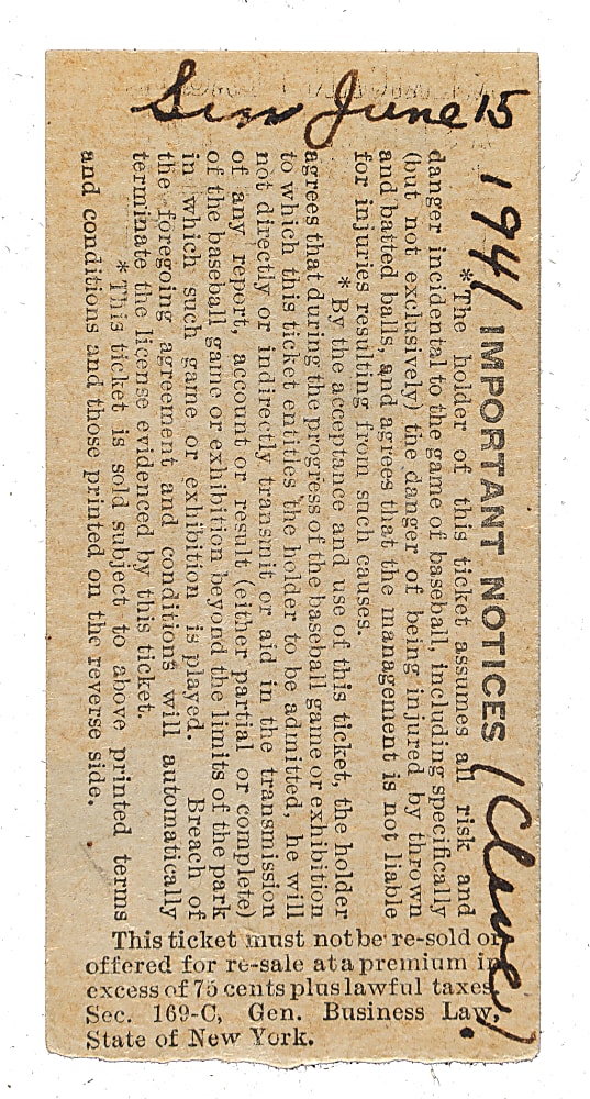 June 15, 1941 New York Yankees (vs. Cleveland Indians) Ticket Stub - Joe DiMaggio 28th Consecutive Game Hit Streak