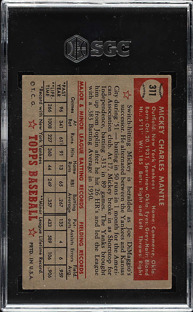 1952 Topps #311 Mickey Mantle SGC VG/EX 4