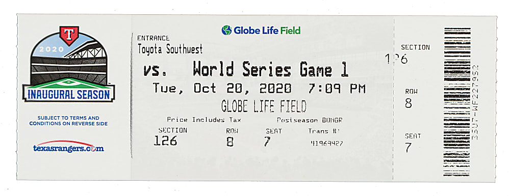 2020 Los Angeles Dodgers (vs. Tampa Bay Rays) World Series Game 1 Souvenir Reprint Full Ticket