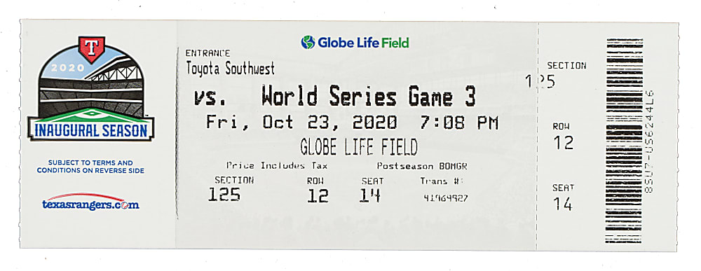 2020 Tampa Bay Rays (vs. Los Angeles Dodgers) World Series Game 3 Souvenir Reprint Full Ticket