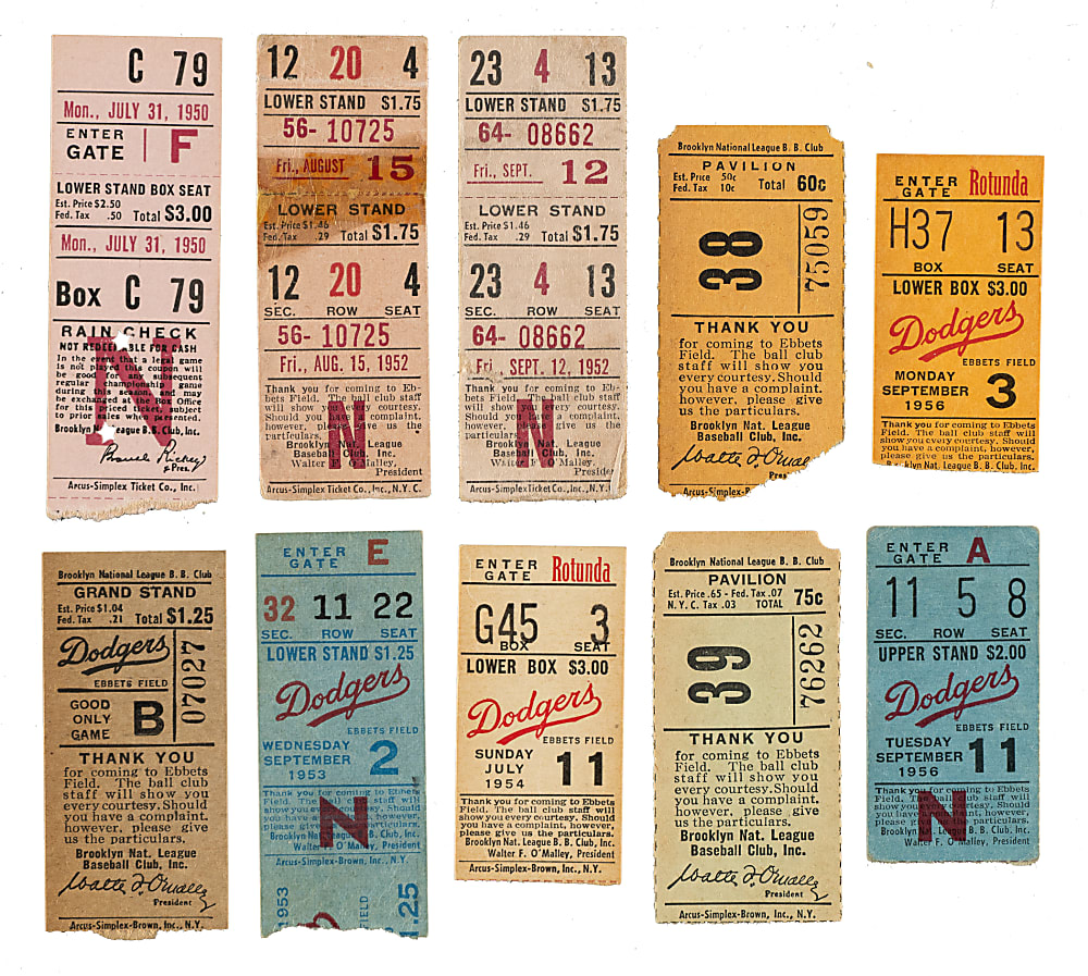 1950 to 1956 Brooklyn Dodgers Ebbets Field Ticket Stub Collection (10) - All Games Featuring Jackie Robinson and Hall of Famer Home Runs!