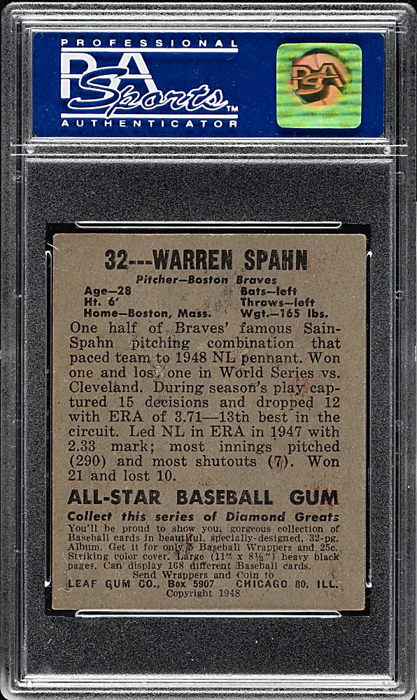 1948-1949 Leaf #32 Warren Spahn Rookie PSA EX-MT 6