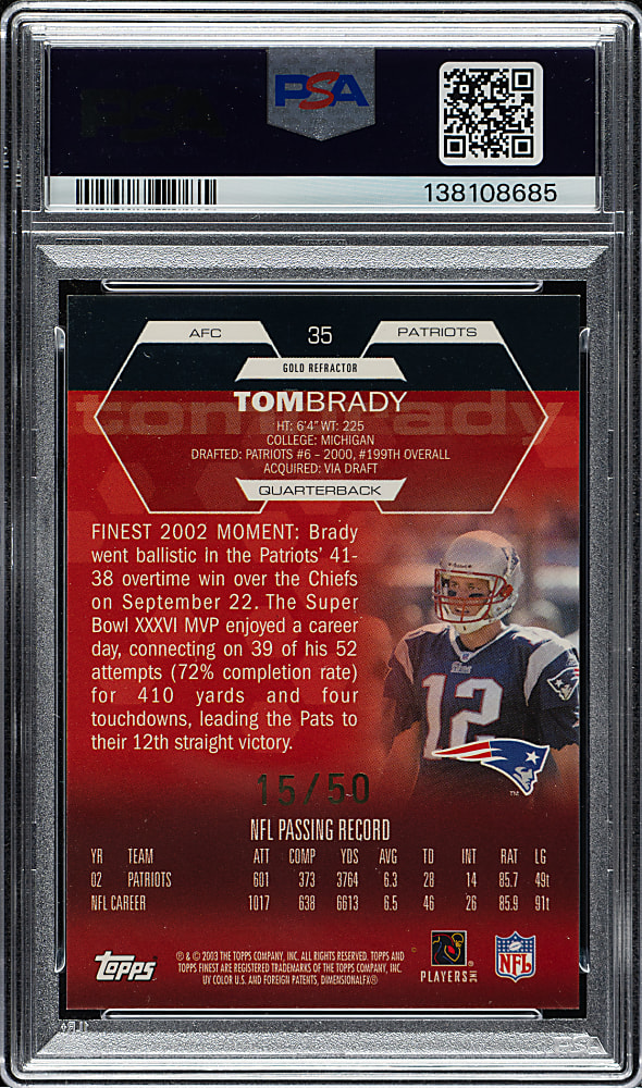 2003 Topps Finest Football #35 Tom Brady Gold Refractor #15/50 PSA NM 7