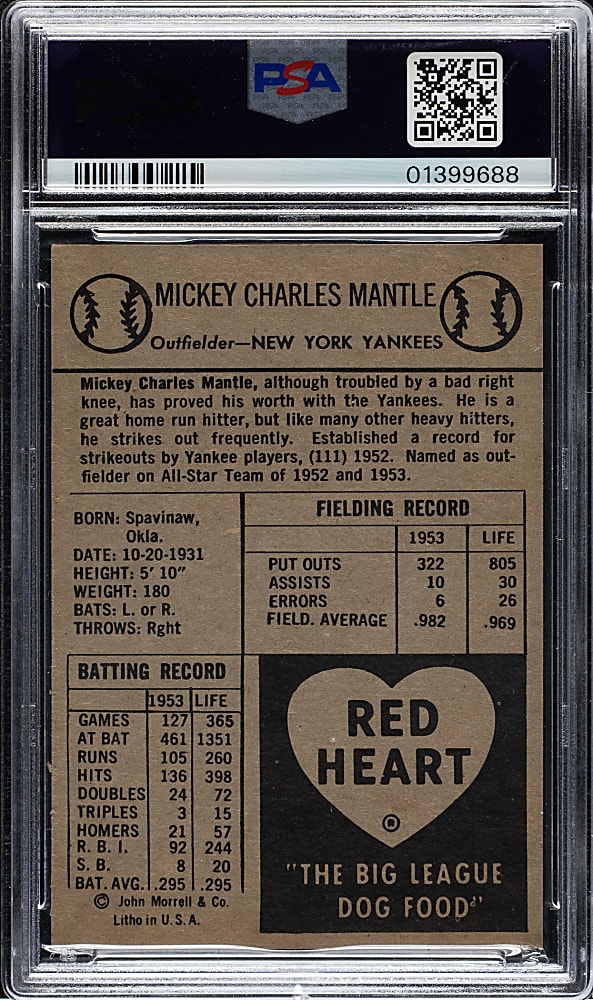 1954 Red Heart Dog Food Mickey Mantle PSA NM 7