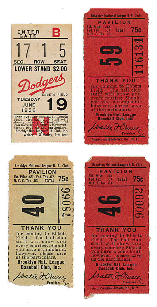 1955 and 1956 Brooklyn Dodgers Ebbets Field Ticket Stub Collection (4) - Sandy Koufax Games Including Fourth and Ninth Career Start