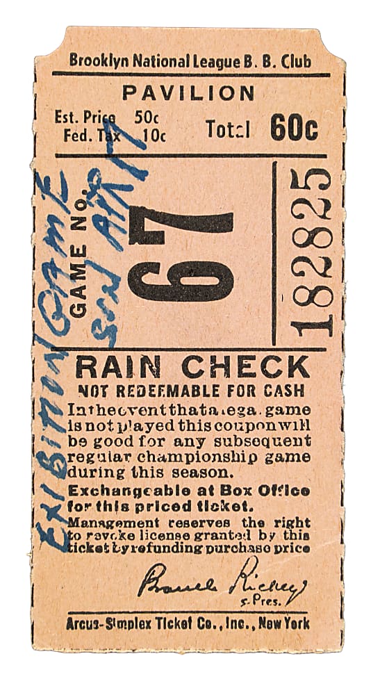 April 17, 1949 Brooklyn Dodgers (vs. New York Yankees) Preason Exhibition Game Ticket Stub - Jackie Robinson Steals Home and MVP Season