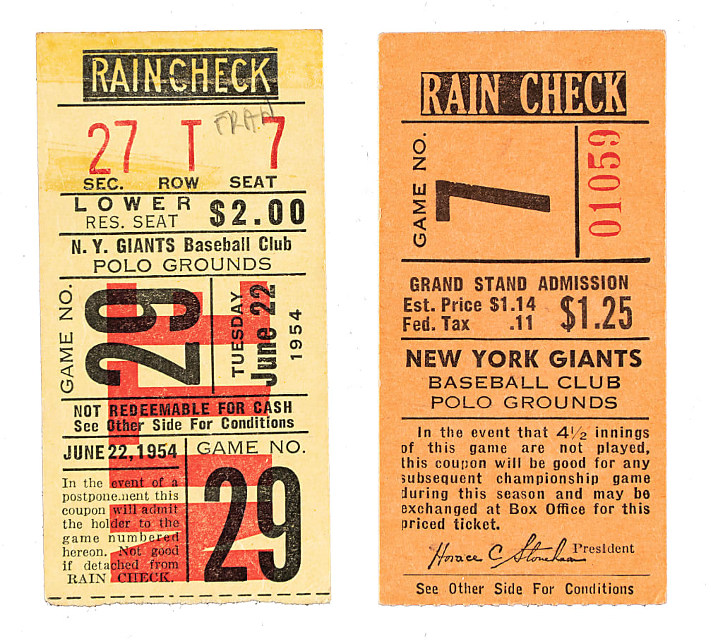 1954 New York Giants Ticket Stub Pair Including Hank Aaron Career Home Run #8 and Willie Mays Career Home Run #45