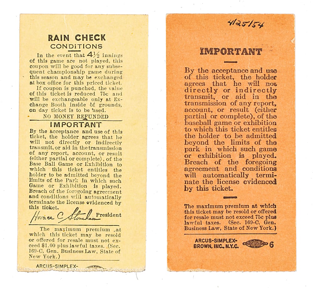 1954 New York Giants Ticket Stub Pair Including Hank Aaron Career Home Run #8 and Willie Mays Career Home Run #45