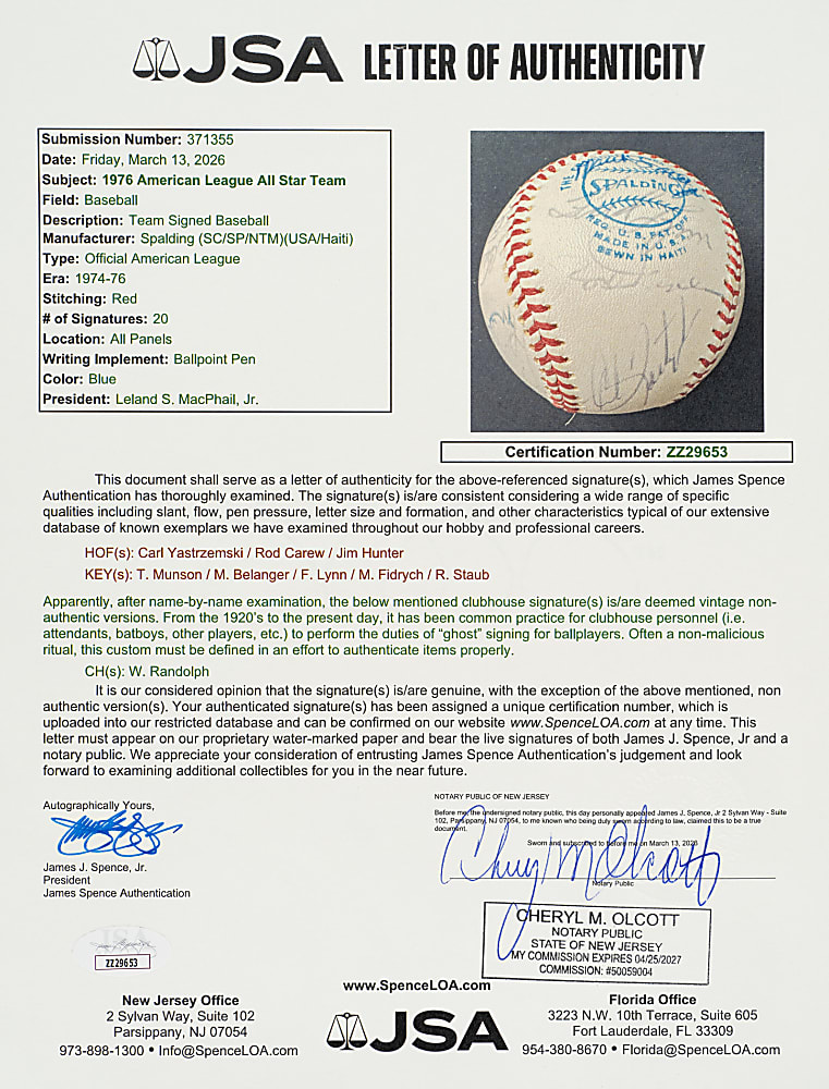 1976 American League All-Star Team-Signed Baseball with Thurman Munson - JSA