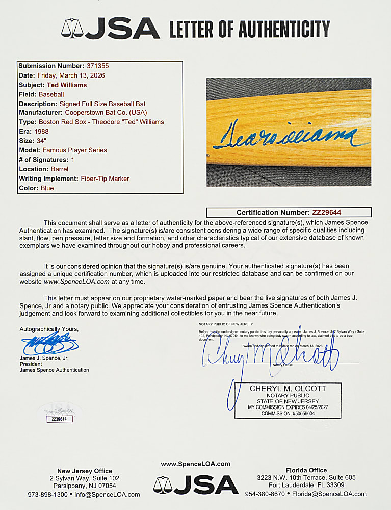 Ted Williams Signed Cooperstown Company Career Stat Bat - JSA