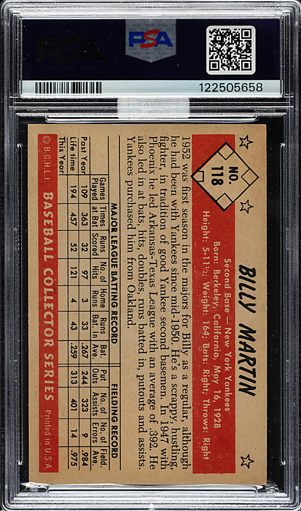 1953 Bowman Color #118 Billy Martin PSA EX-MT 6 (MBA Silver Diamond)
