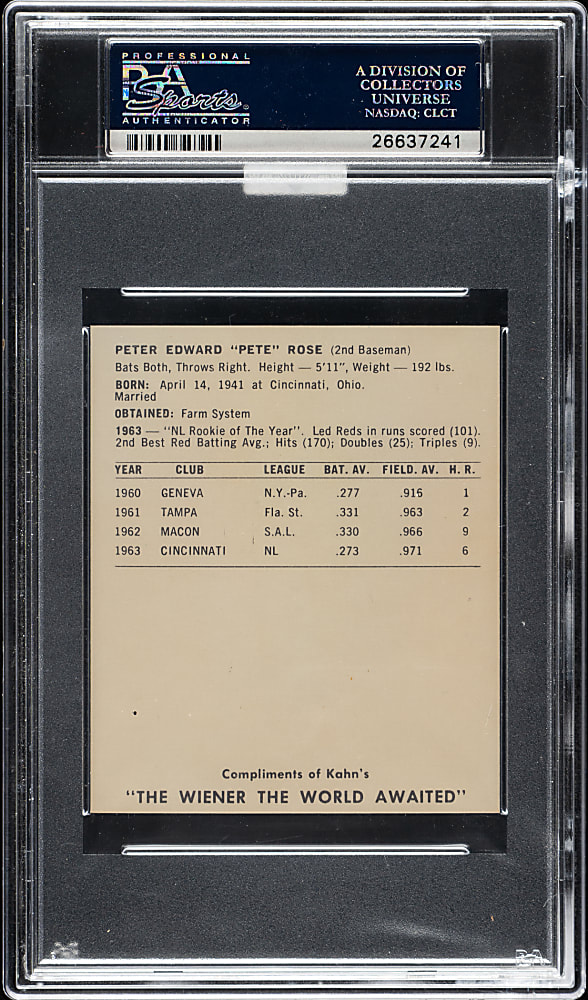 1964 Kahn's Wieners Pete Rose PSA MINT 9 (MBA Gold Diamond)