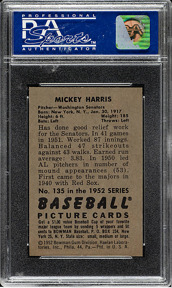 1952 Bowman #135 Mickey Harris PSA MINT 9