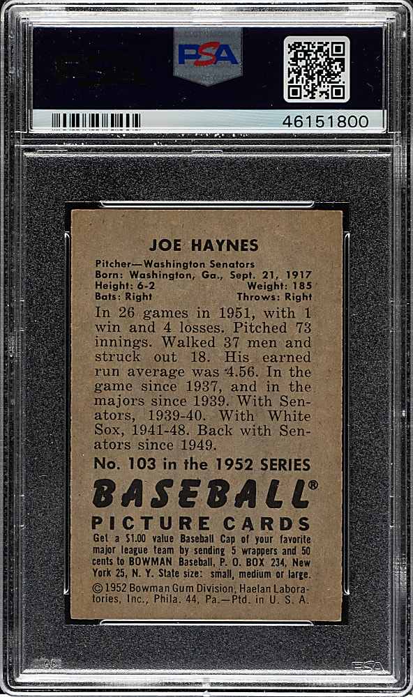 1952 Bowman #103 Joe Haynes PSA MINT 9