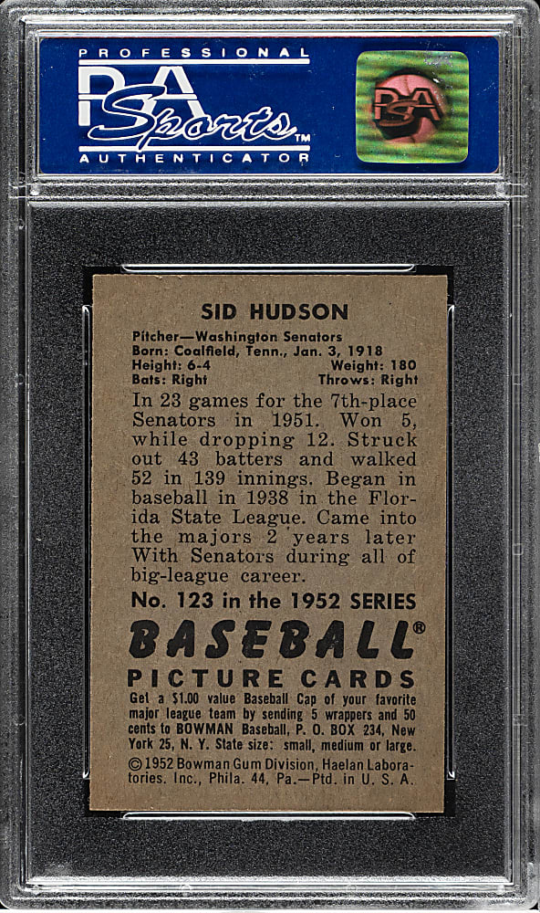 1952 Bowman #123 Sid Hudson PSA MINT 9