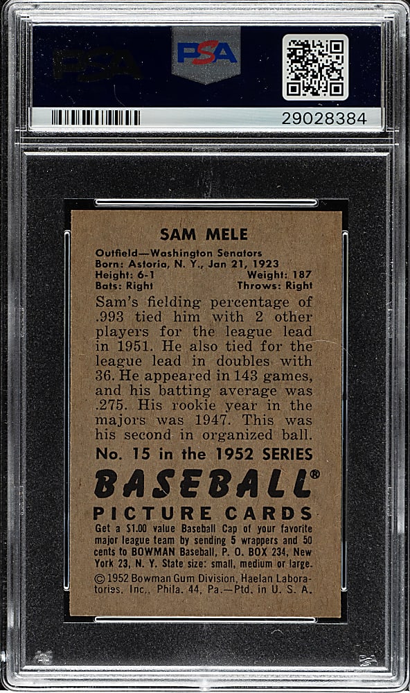 1952 Bowman #15 Sam Mele PSA MINT 9 - Highest Graded!