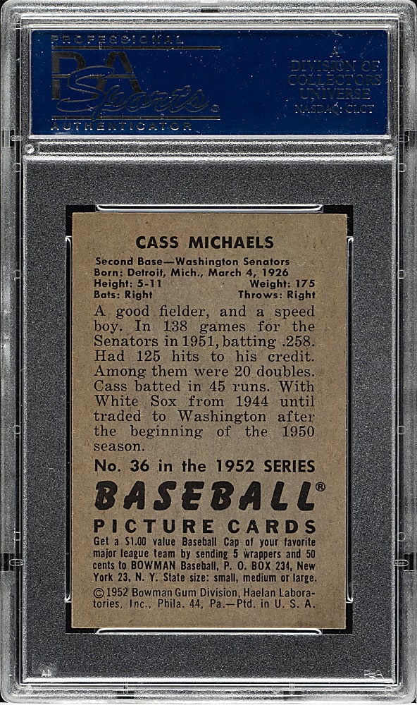 1952 Bowman #36 Cass Michaels PSA MINT 9 - Highest Graded!
