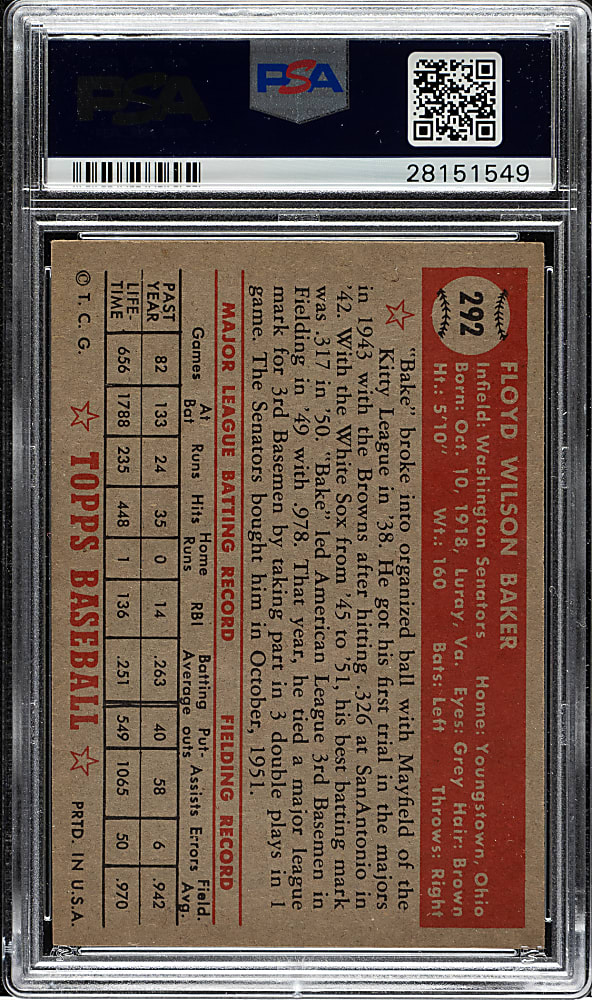 1952 Topps #292 Floyd Baker PSA NM-MT+ 8.5