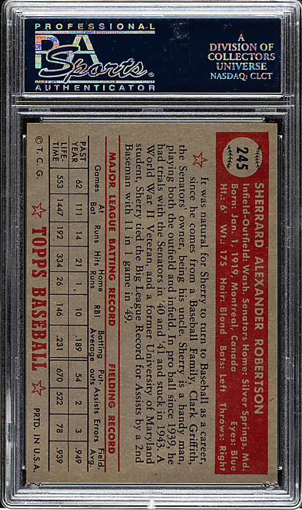 1952 Topps #245 Sherry Robertson PSA MINT 9 - Highest Graded!