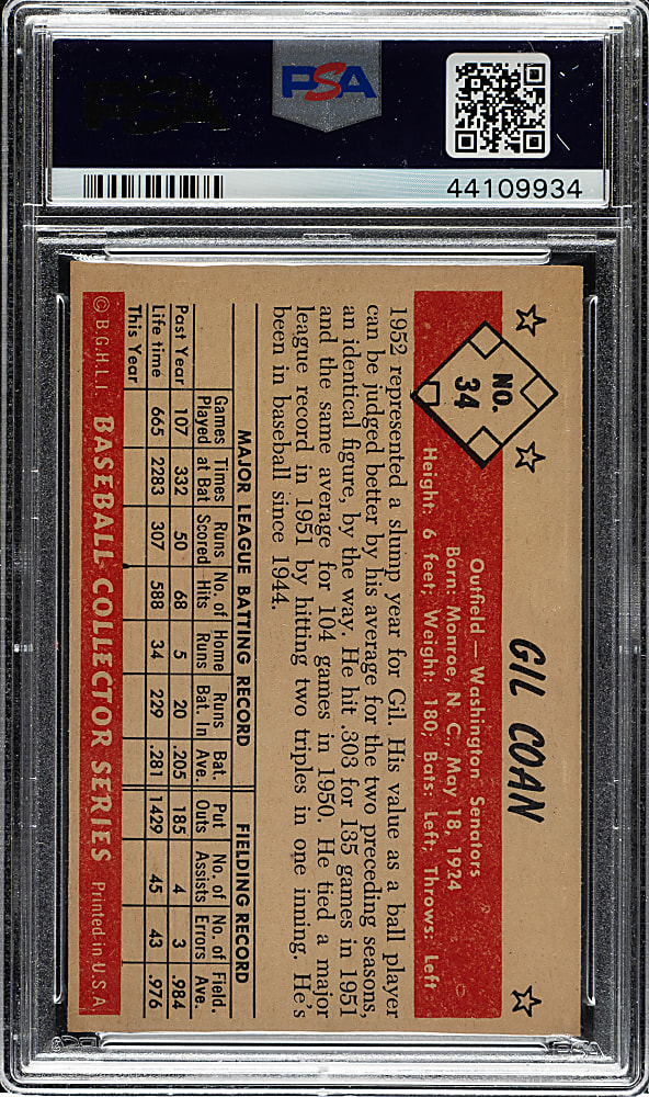 1953 Bowman Color #34 Gil Coan PSA MINT 9 - Highest Graded!