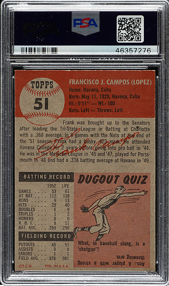 1953 Topps #51 Frank Campos PSA NM-MT+ 8.5