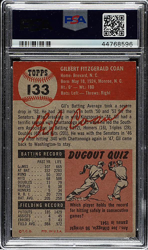 1953 Topps #133 Gil Coan PSA NM-MT+ 8.5