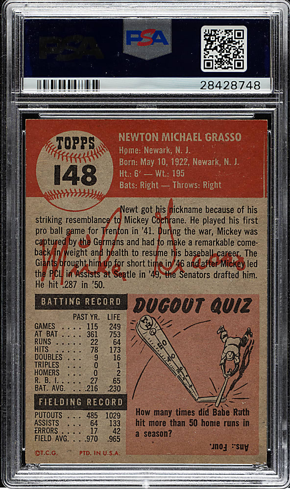 1953 Topps #148 Mickey Grasso PSA NM-MT 8