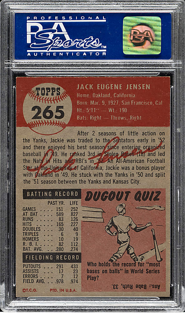 1953 Topps #265 Jackie Jensen PSA NM-MT 8