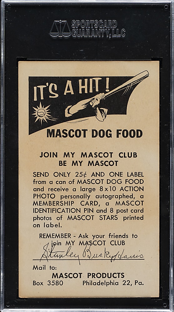 Circa 1954 Mascot Dog Food Bucky Harris SGC VG/EX+ 4.5 - 1 of 1 - Highest Graded!