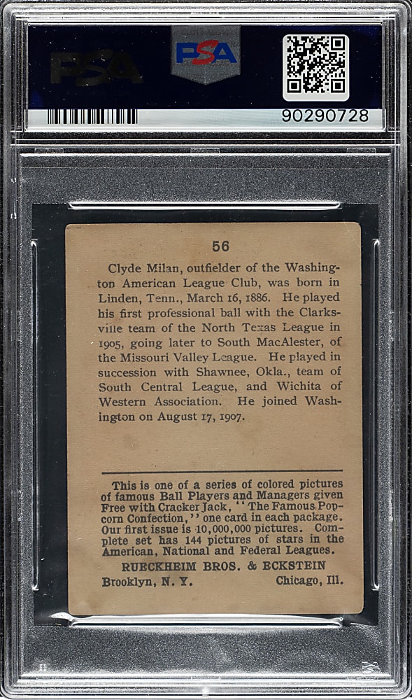 1914 E145 Cracker Jack #56 Clyde Milan PSA VG-EX 4