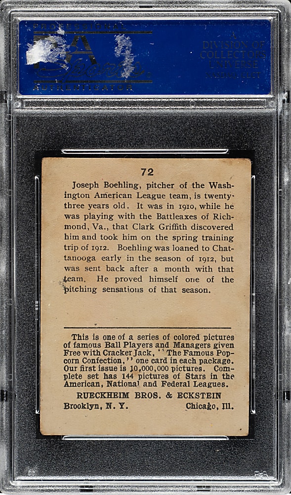 1914 E145 Cracker Jack #72 Joe Boehling PSA VG-EX 4
