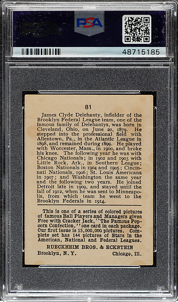 1914 E145 Cracker Jack #81 James Delehanty (Delahanty) PSA VG+ 3.5