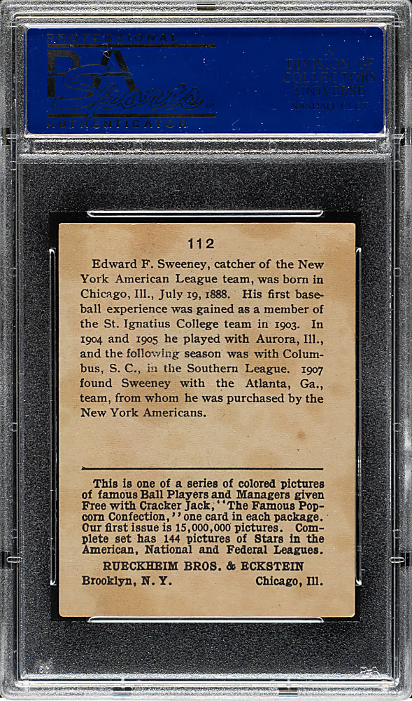 1914 E145 Cracker Jack #112 Edward F. Sweeney PSA VG 3