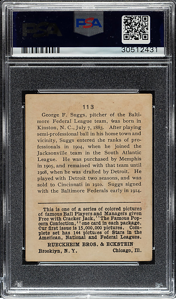1914 E145 Cracker Jack #113 George Suggs PSA VG-EX 4