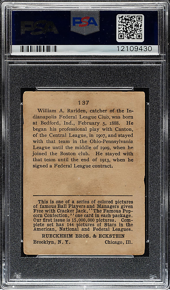 1914 E145 Cracker Jack #137 Bill Rariden PSA VG 3