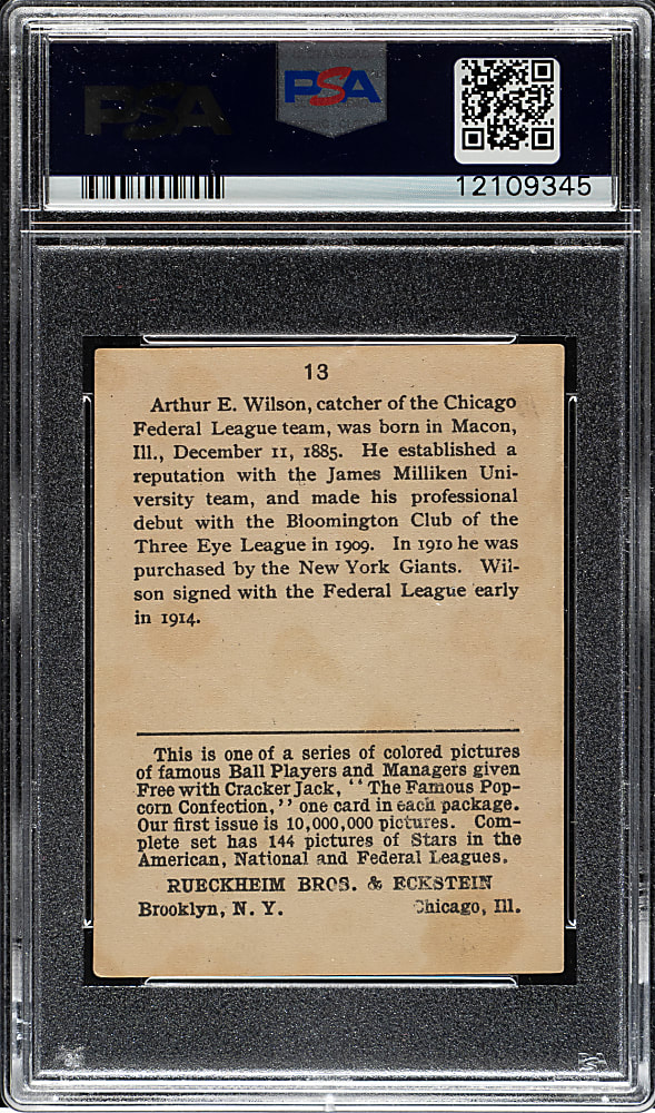 1914 E145 Cracker Jack #13 Art Wilson PSA EX 5