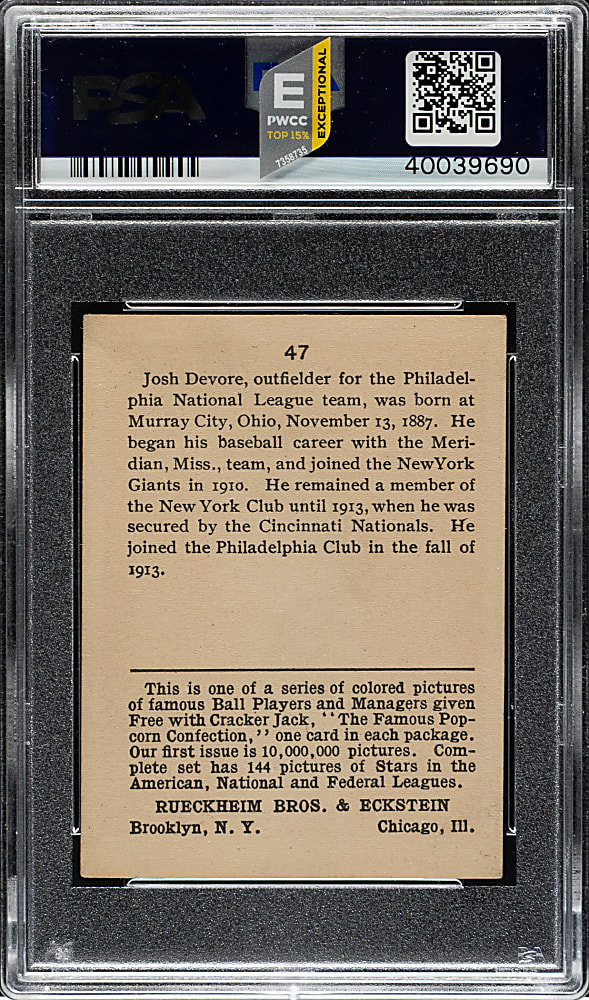 1914 E145 Cracker Jack #47 Josh Devore PSA EX 5
