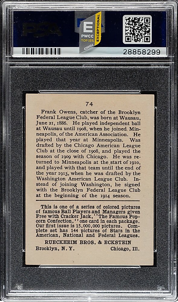 1914 E145 Cracker Jack #74 Frank Owens PSA VG-EX 4