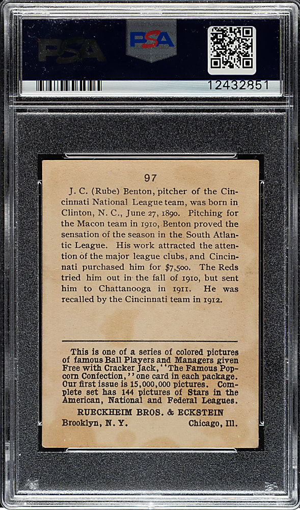 1914 E145 Cracker Jack #97 Rube Benton PSA EX 5