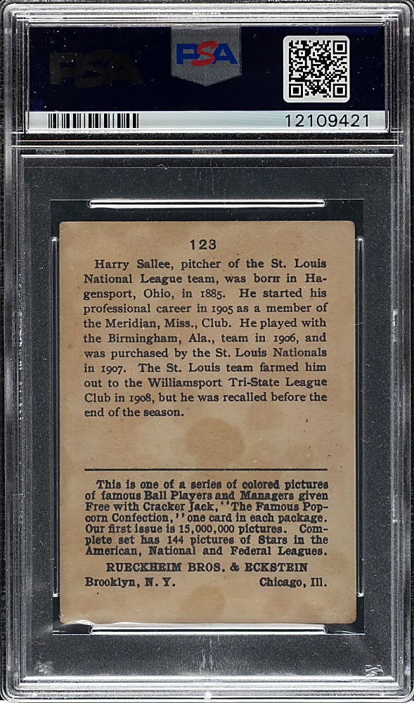1914 E145 Cracker Jack #123 Slim Sallee PSA VG-EX 4