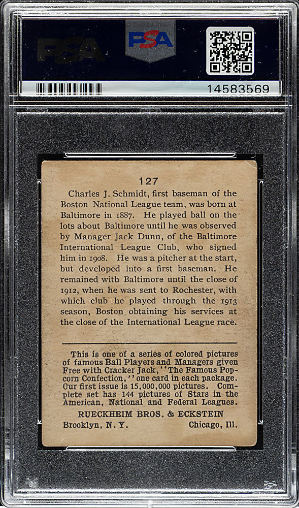 1914 E145 Cracker Jack #127 Butch Schmidt PSA VG-EX 4