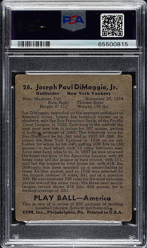 1939 R334 Play Ball #26 Joe DiMaggio PSA GOOD+ 2.5