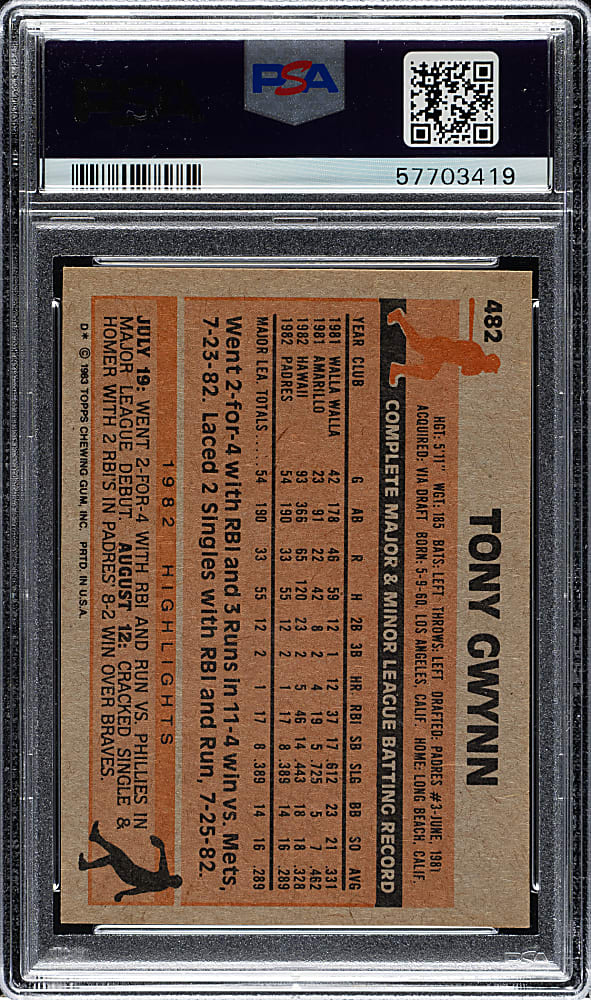 Signed 1983 Topps #482 Tony Gwynn Rookie PSA NM-MT 8 with MINT 9 Signature