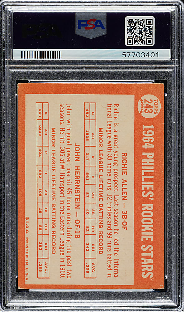 Signed 1964 Topps #243 Richie Allen Rookie PSA VG-EX 4 with GEM MINT 10 Signature