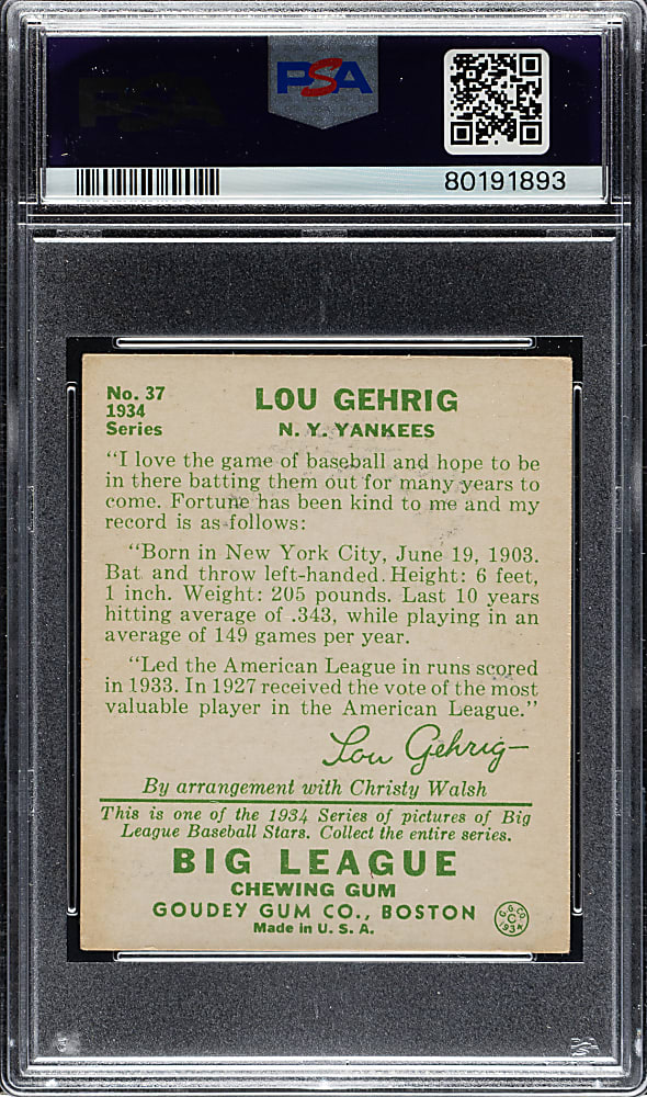 1934 R320 Goudey #37 Lou Gehrig PSA VG-EX+ 4.5